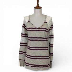 We‎ The Free Long Sleeve Top Women’s S Henley Lace Thermal Stripes Casual Boho
